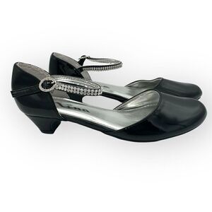 Nina Girls Cera Patent Leather Rhinestone Strap D'Orsay Heels Shoes Black Sz 3M